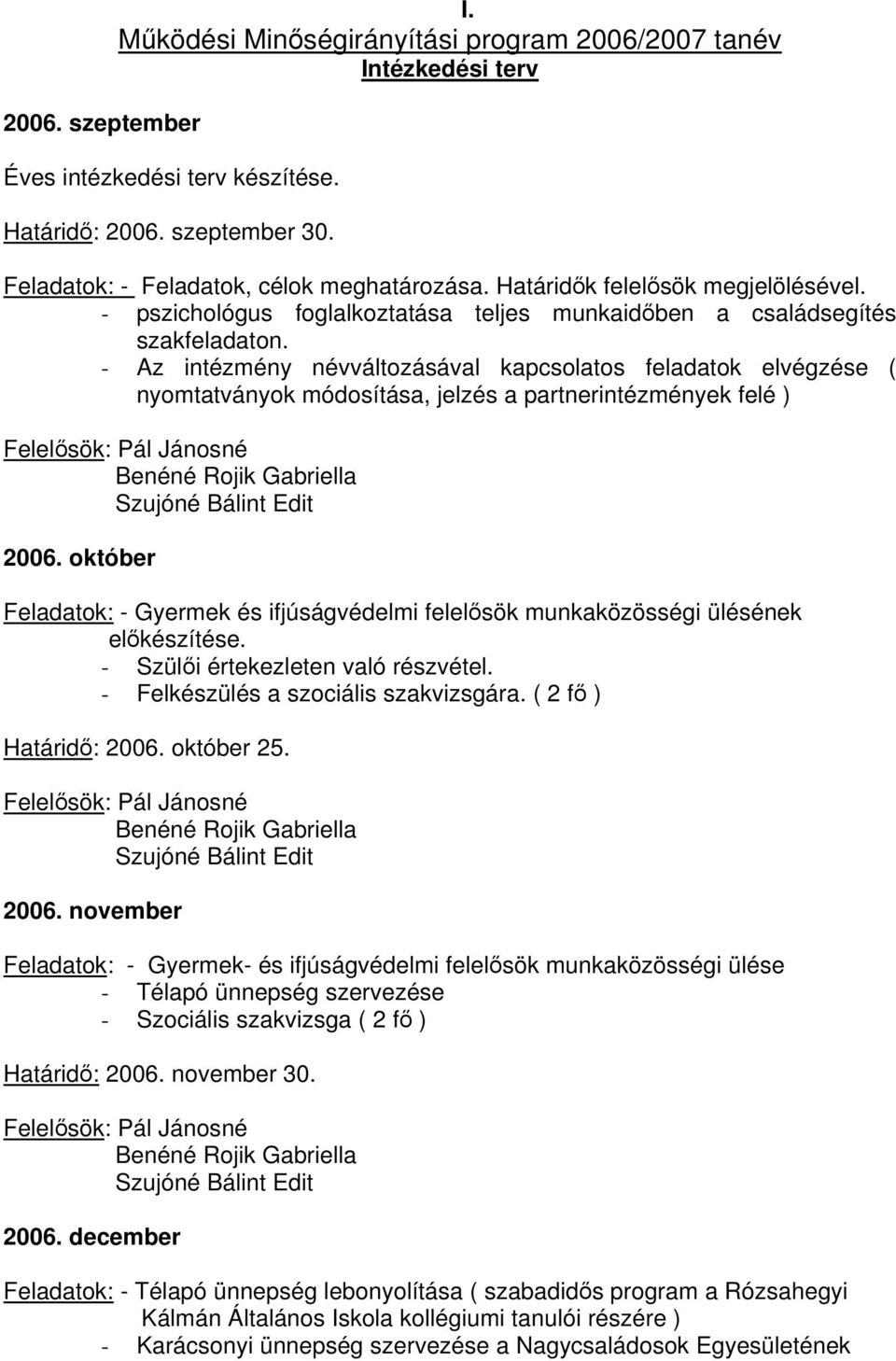 - Az intézmény névváltozásával kapcsolatos feladatok elvégzése ( nyomtatványok módosítása, jelzés a partnerintézmények felé ) Felelősök: Pál Jánosné Benéné Rojik Gabriella Szujóné Bálint Edit 2006.