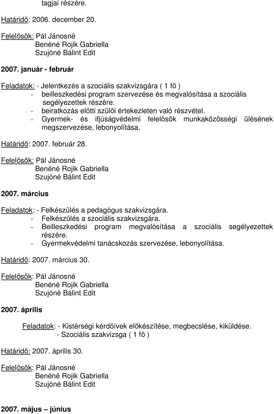 - beiratkozás előtti szülői értekezleten való részvétel. - Gyermek- és ifjúságvédelmi felelősök munkaközösségi ülésének megszervezése, lebonyolítása. Határidő: 2007. február 28.