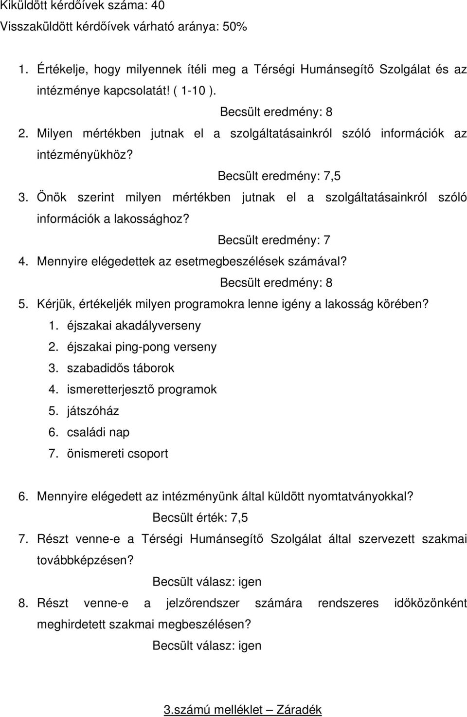 Önök szerint milyen mértékben jutnak el a szolgáltatásainkról szóló információk a lakossághoz? Becsült eredmény: 7 4. Mennyire elégedettek az esetmegbeszélések számával? Becsült eredmény: 8 5.