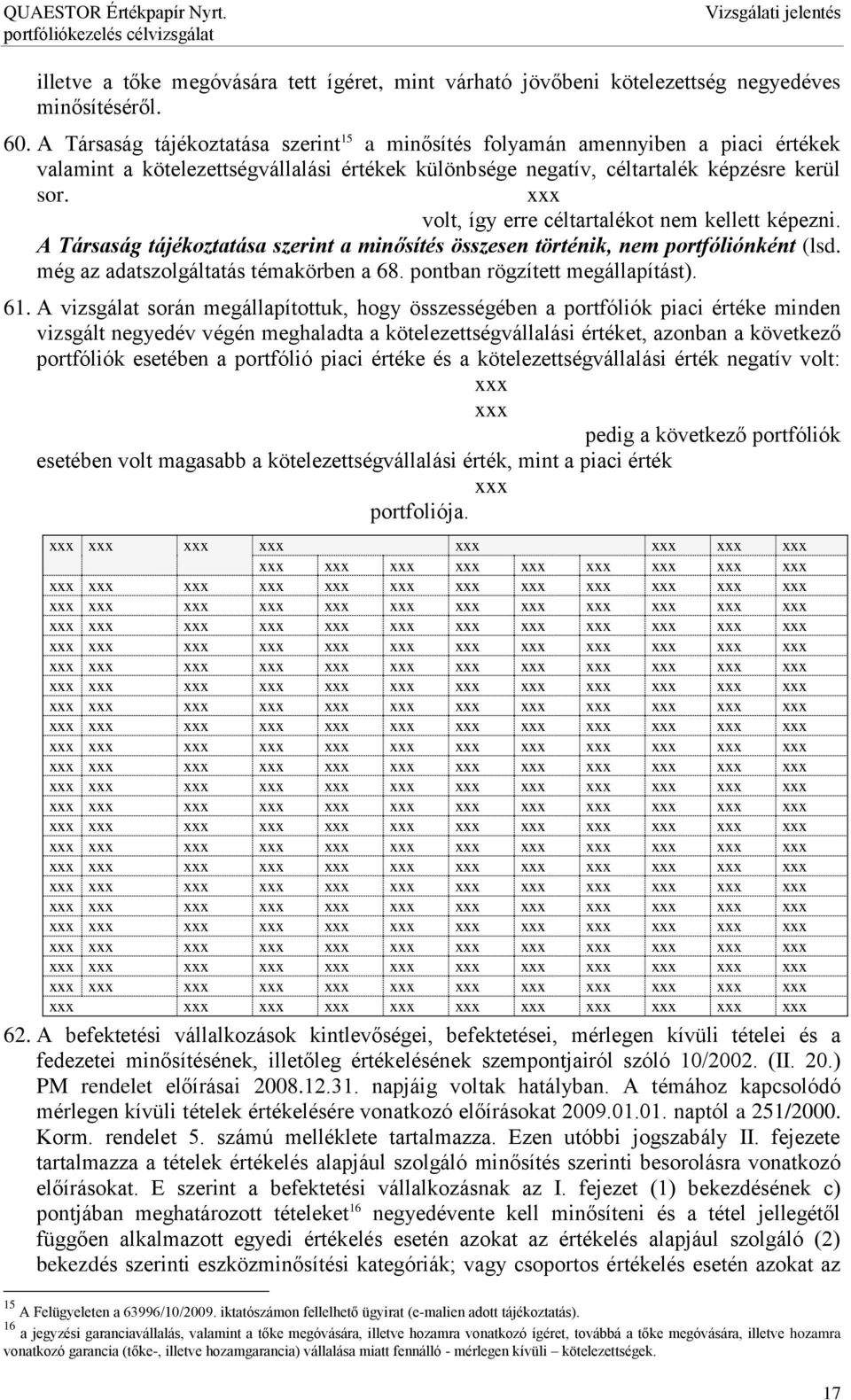 volt, így erre céltartalékot nem kellett képezni. A Társaság tájékoztatása szerint a minősítés összesen történik, nem portfóliónként (lsd. még az adatszolgáltatás témakörben a 68.