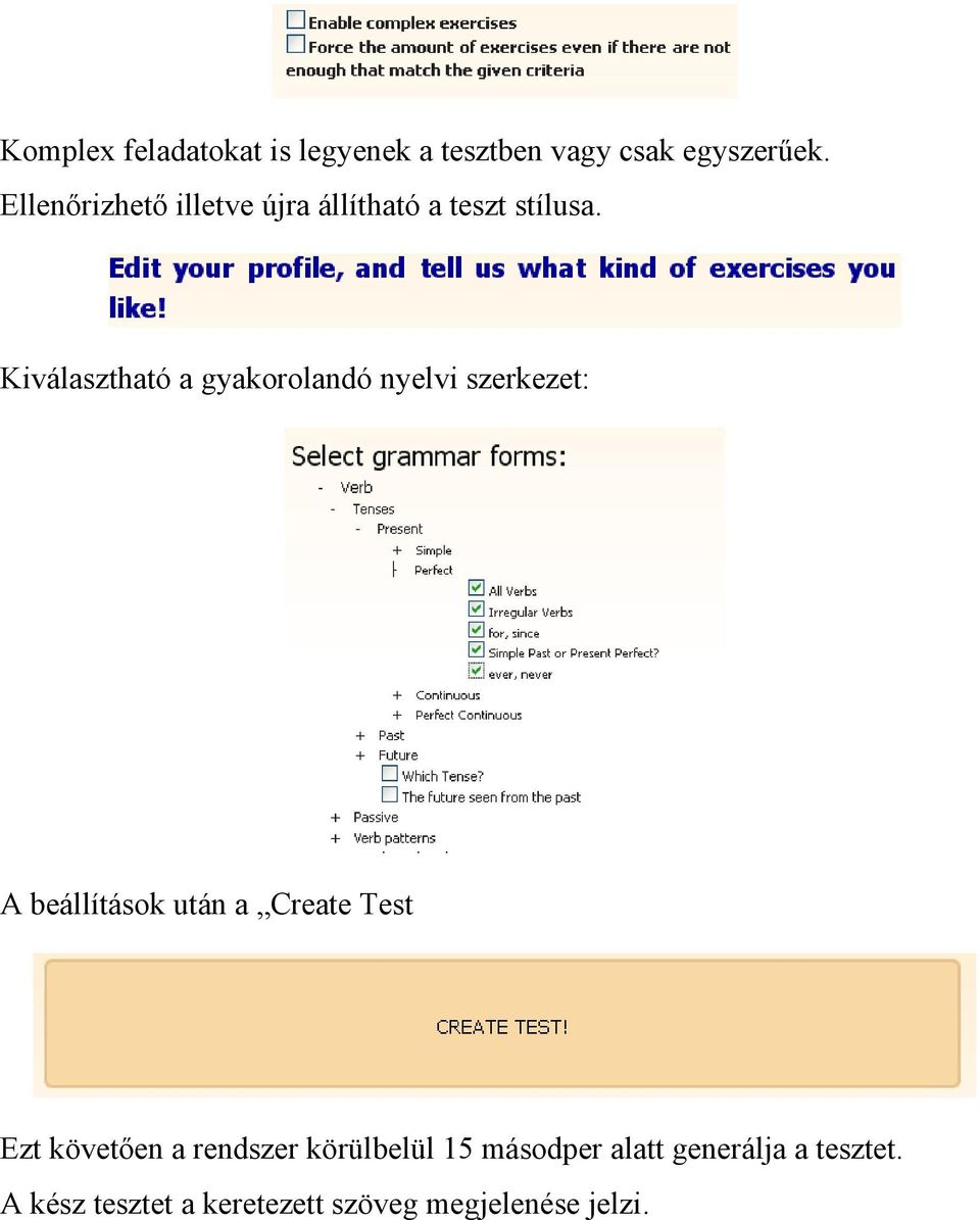 Kiválasztható a gyakorolandó nyelvi szerkezet: A beállítások után a Create Test