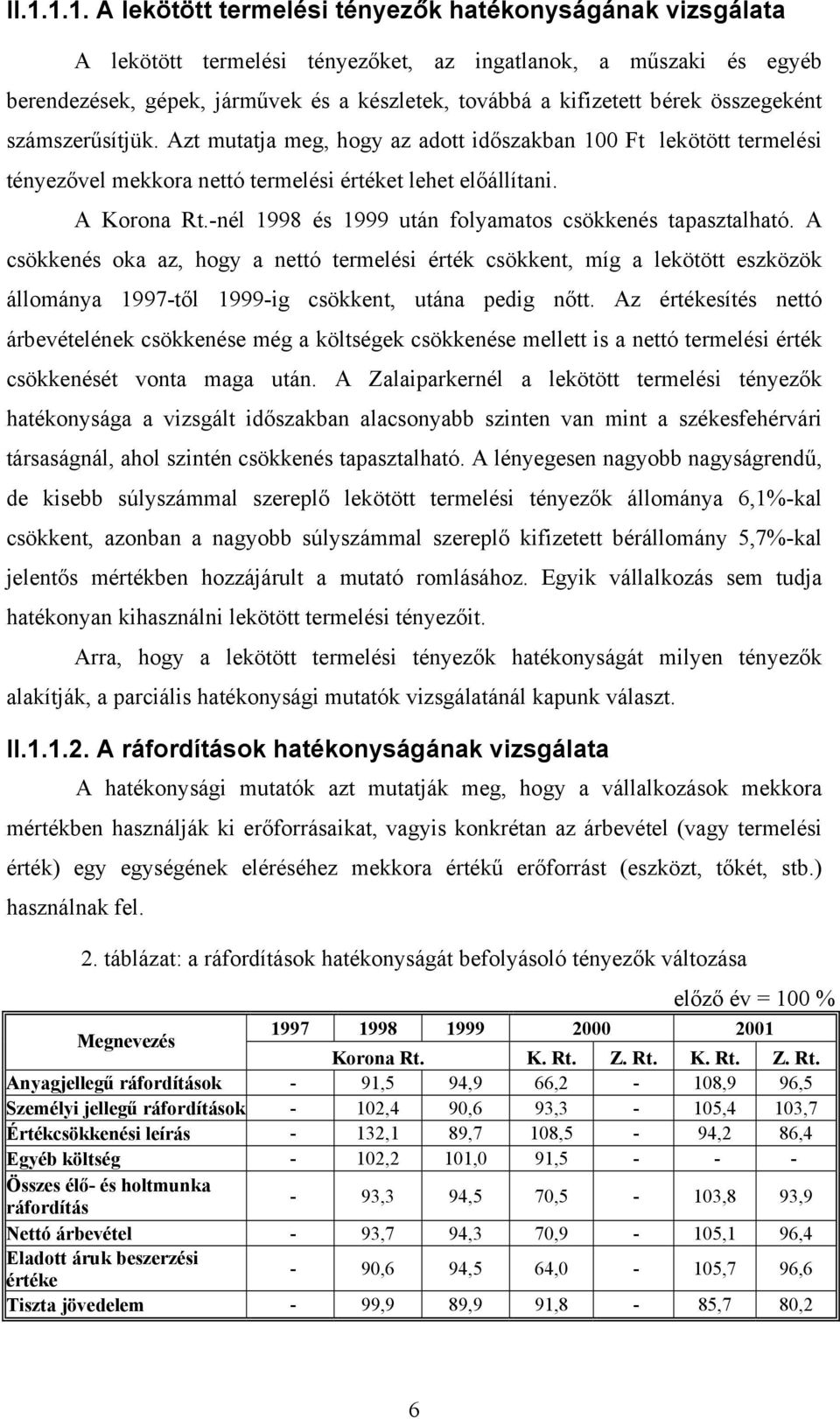 -nél 1998 és 1999 után folyamatos csökkenés tapasztalható. A csökkenés oka az, hogy a nettó termelési érték csökkent, míg a lekötött eszközök állománya 1997-től 1999-ig csökkent, utána pedig nőtt.