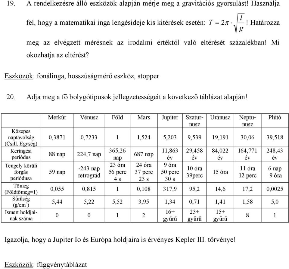 Adja meg a fő bolygótípusok jellegzetességeit a következő táblázat alapján! Közepes naptávolság (Csill.