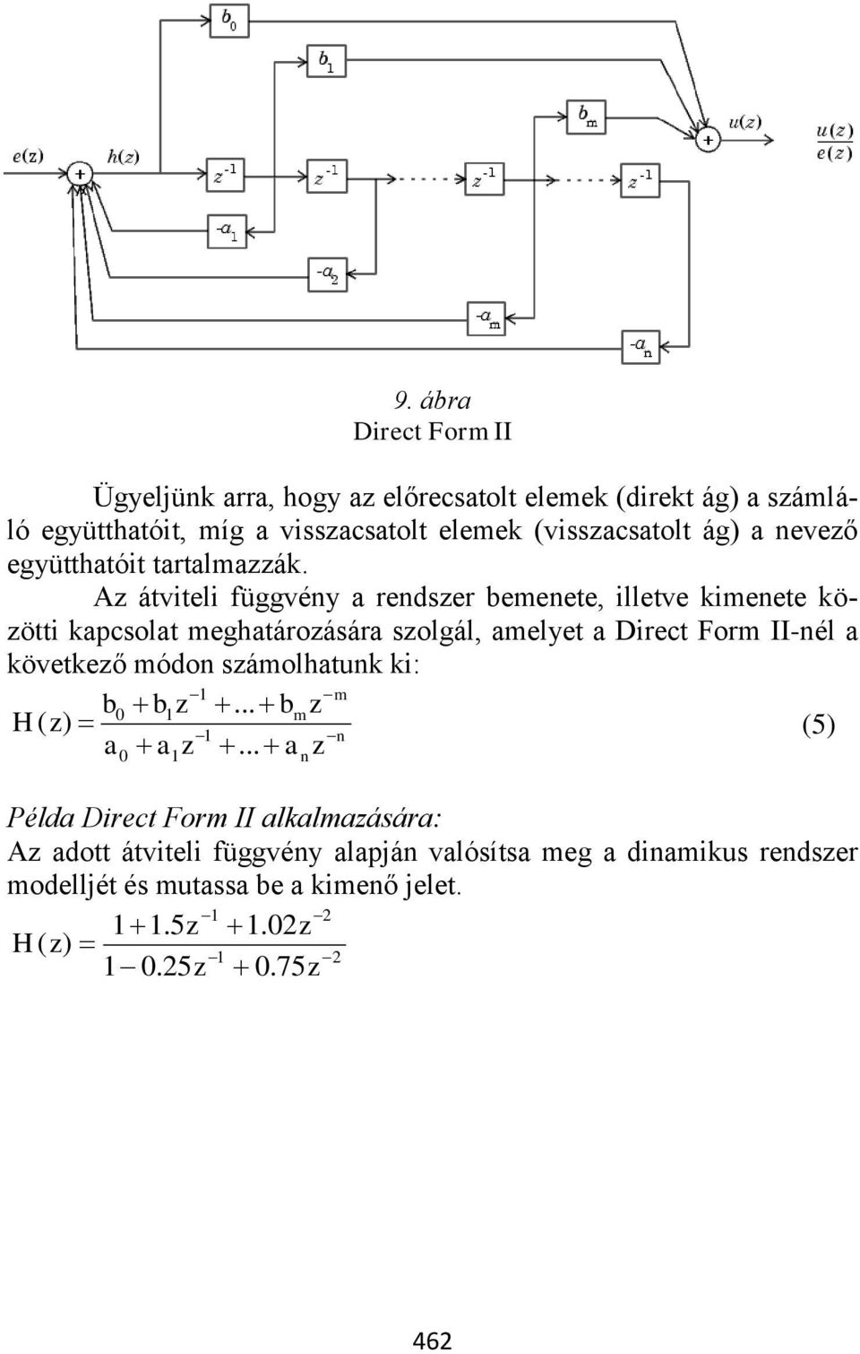 Az átviteli függvény a rendszer bemenete, illetve kimenete közötti kapcsolat meghatározására szolgál, amelyet a Direct Form II-nél a következő