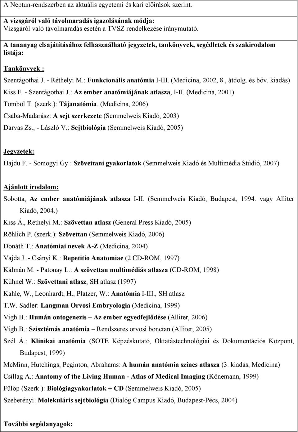 , átdolg. és bőv. kiadás) Kiss F. - Szentágothai J.: Az ember anatómiájának atlasza, I-II. (Medicina, 2001) Tömböl T. (szerk.): Tájanatómia.