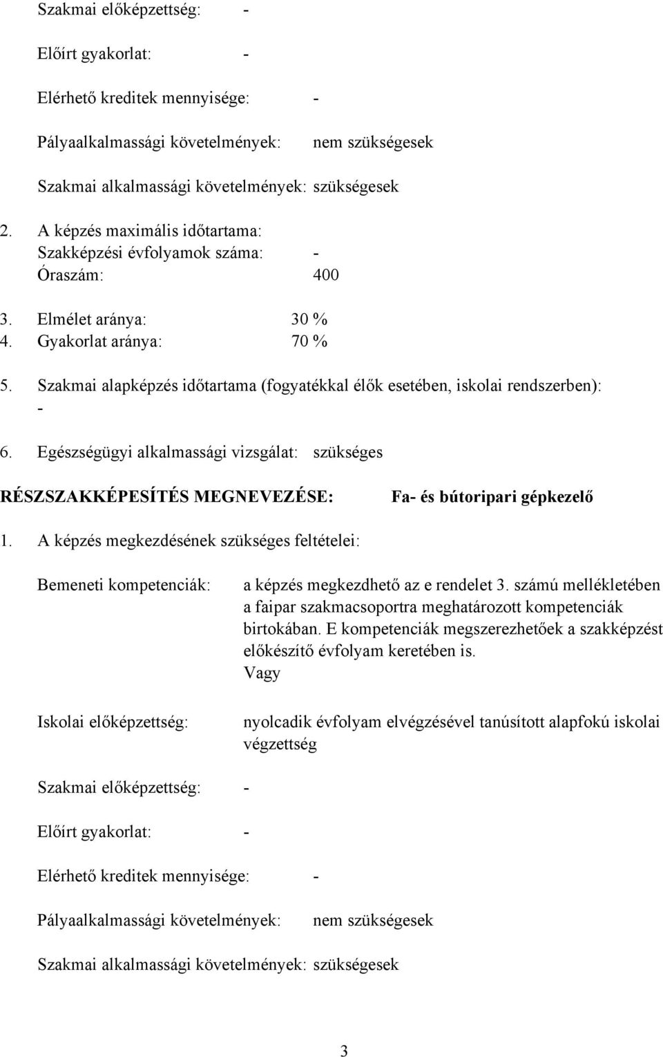 Szakmai alapképzés időtartama (fogyatékkal élők esetében, iskolai rendszerben): - 6. Egészségügyi alkalmassági vizsgálat: szükséges RÉSZSZAKKÉPESÍTÉS MEGNEVEZÉSE: Fa- és bútoripari gépkezelő 1.