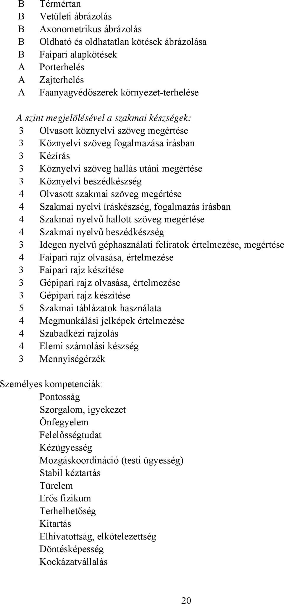 Olvasott szakmai szöveg megértése 4 Szakmai nyelvi íráskészség, fogalmazás írásban 4 Szakmai nyelvű hallott szöveg megértése 4 Szakmai nyelvű beszédkészség 3 Idegen nyelvű géphasználati feliratok