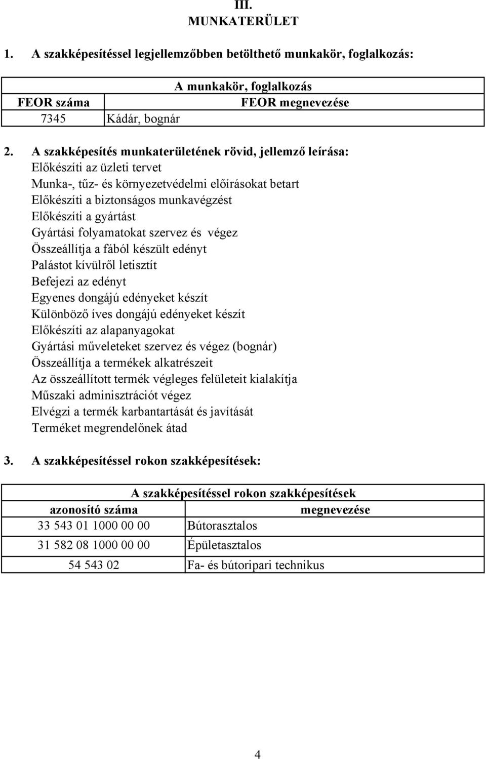 Gyártási folyamatokat szervez és végez Összeállítja a fából készült edényt Palástot kívülről letisztít efejezi az edényt Egyenes dongájú edényeket készít Különböző íves dongájú edényeket készít