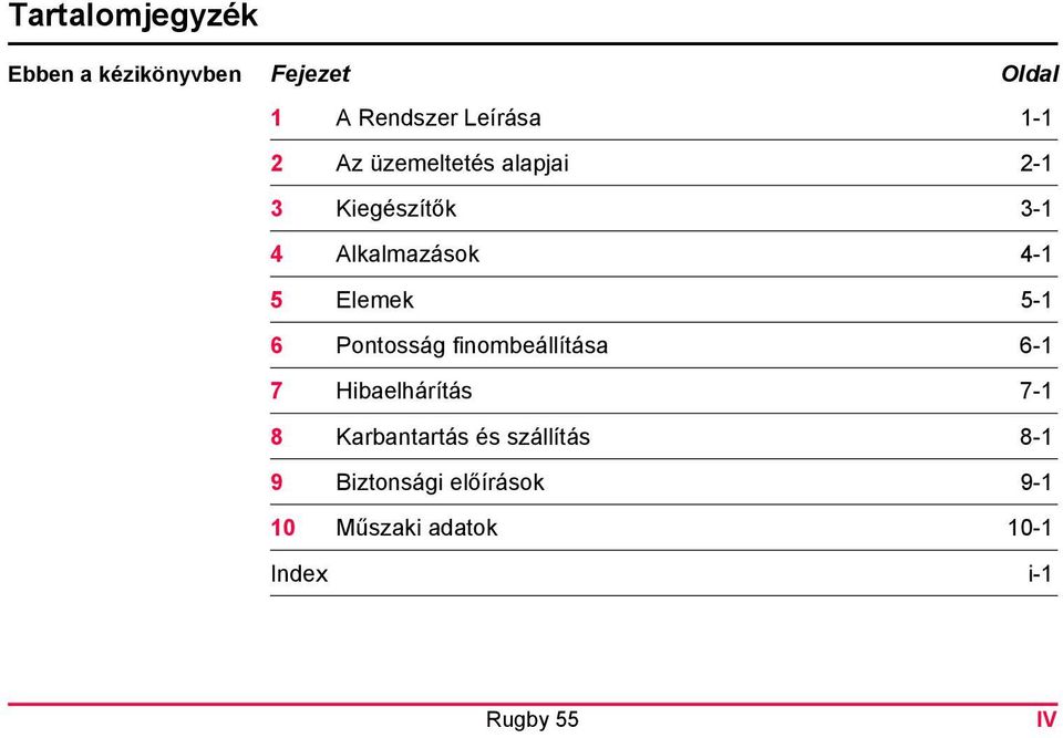 5-1 6 Pontosság finombeállítása 6-1 7 Hibaelhárítás 7-1 8 Karbantartás és