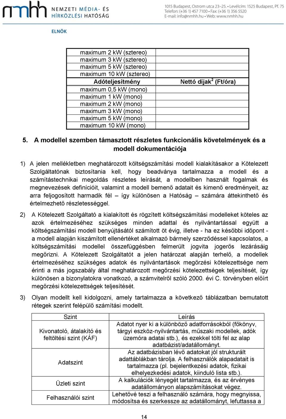 A modellel szemben támasztott részletes funkcionális követelmények és a modell dokumentációja 1) A jelen mellékletben meghatározott költségszámítási modell kialakításakor a Kötelezett Szolgáltatónak