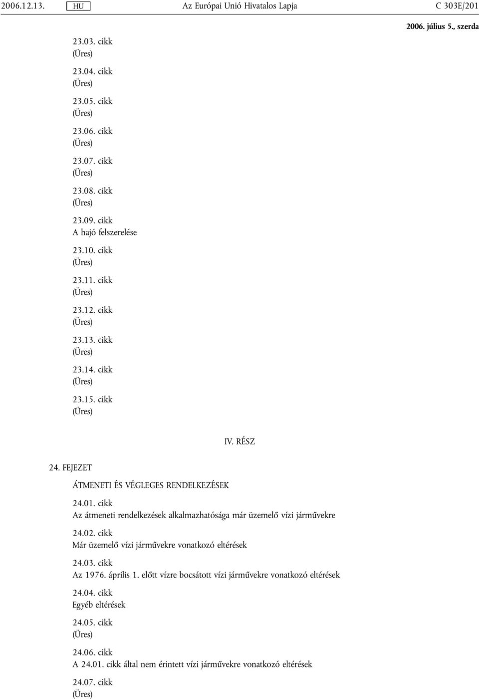 cikk Az átmeneti rendelkezések alkalmazhatósága már üzemelő vízi járművekre 24.02. cikk Már üzemelő vízi járművekre vonatkozó eltérések 24.03. cikk Az 1976. április 1.