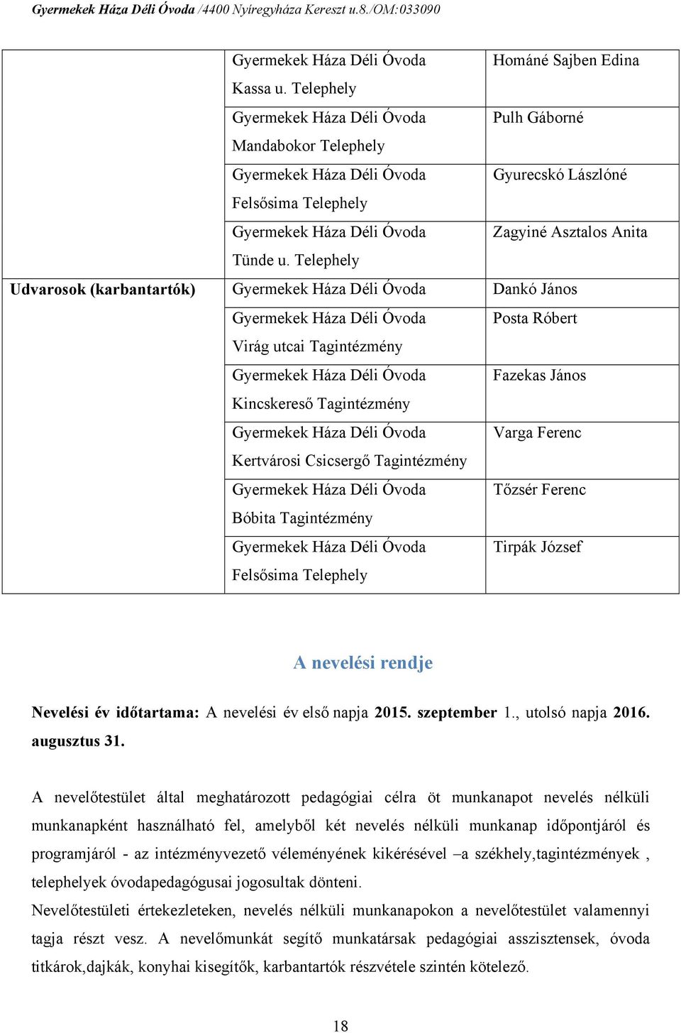 Udvarosok (karbantartók) Gyermekek Háza Déli Óvoda Dankó János Gyermekek Háza Déli Óvoda Posta Róbert Virág utcai Tagintézmény Gyermekek Háza Déli Óvoda Fazekas János Kincskereső Tagintézmény