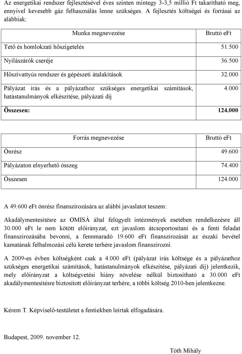 000 Pályázat írás és a pályázathoz szükséges energetikai számítások, hatástanulmányok elkészítése, pályázati díj 4.000 Összesen: 124.000 Forrás megnevezése Bruttó eft Önrész 49.