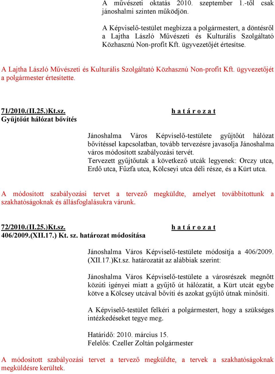 A Lajtha László Művészeti és Kulturális Szolgáltató Közhasznú Non-profit Kft. ügyvezetőjét a polgármester értesítette. 71/2010.(II.25.)Kt.sz. Gyűjtőút hálózat bővítés Jánoshalma Város Képviselő-testülete gyűjtőút hálózat bővítéssel kapcsolatban, tovább tervezésre javasolja Jánoshalma város módosított szabályozási tervét.