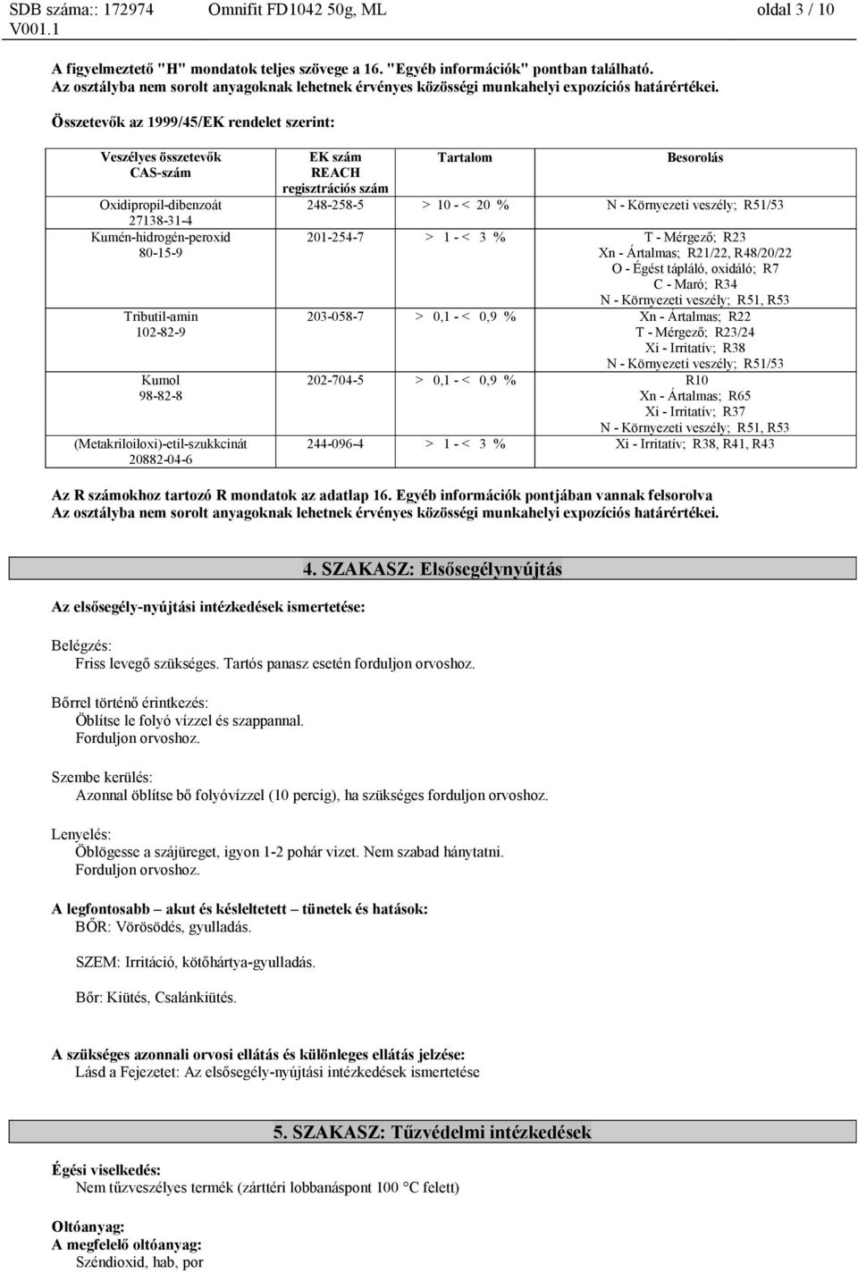 Összetevők az 1999/45/EK rendelet szerint: (Metakriloiloxi)-etil-szukkcinát 20882-04-6 EK szám REACH regisztrációs szám Tartalom Besorolás 248-258-5 > 10 - < 20 % N - Környezeti veszély; R51/53