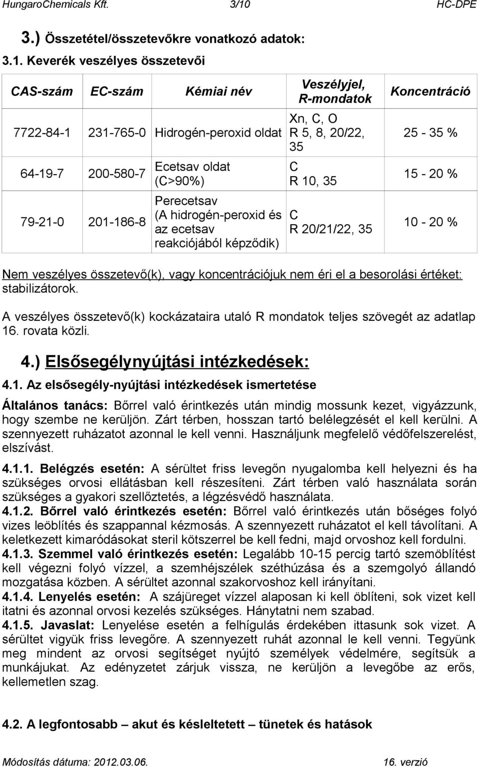 Keverék veszélyes összetevői CAS-szám EC-szám Kémiai név 7722-84-1 231-765-0 Hidrogén-peroxid oldat 64-19-7 200-580-7 79-21-0 201-186-8 Ecetsav oldat (C>90%) Perecetsav (A hidrogén-peroxid és az