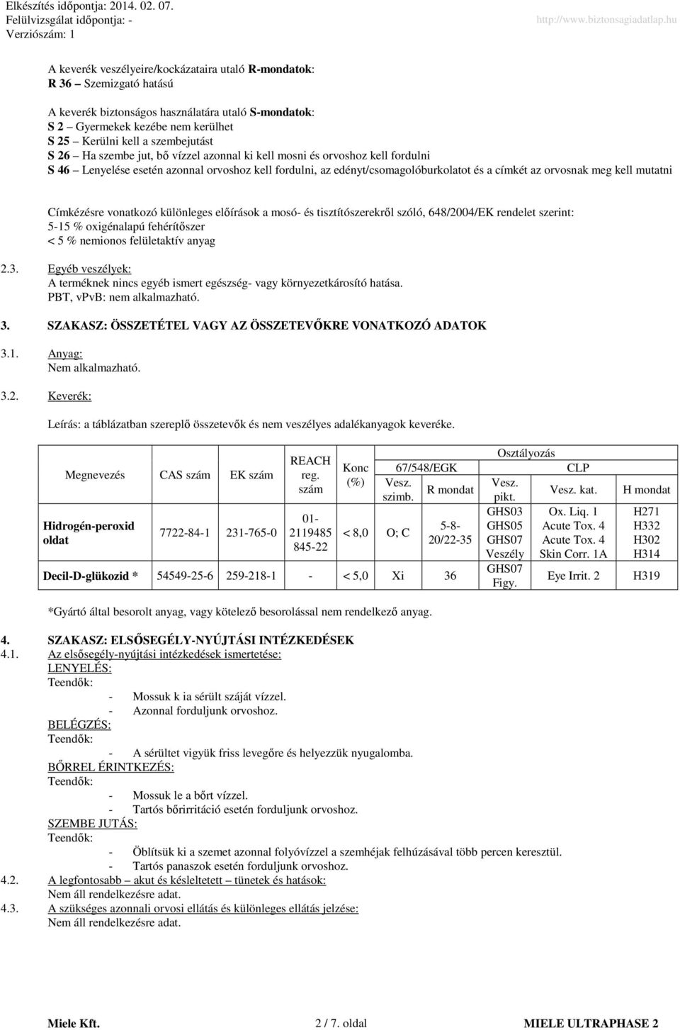 mutatni Címkézésre vonatkozó különleges elıírások a mosó- és tisztítószerekrıl szóló, 648/2004/EK rendelet szerint: 5-15 % oxigénalapú fehérítıszer < 5 % nemionos felületaktív anyag 2.3.