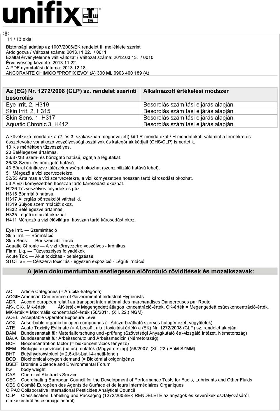 és 3. szakaszban megnevezett) kiírt R-mondatokat / H-mondatokat, valamint a termékre és összetevőire vonatkozó veszélyességi osztályok és kategóriák kódjait (GHS/CLP) ismertetik.