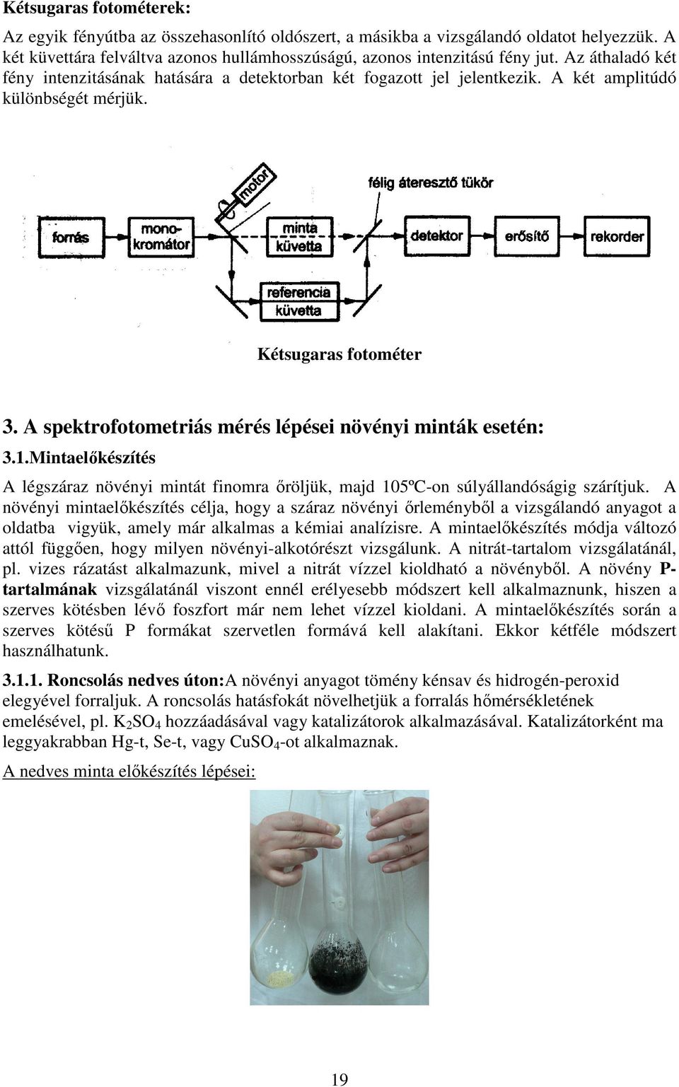 A spektrofotometriás mérés lépései növényi minták esetén: 3.1.Mintaelőkészítés A légszáraz növényi mintát finomra őröljük, majd 105ºC-on súlyállandóságig szárítjuk.