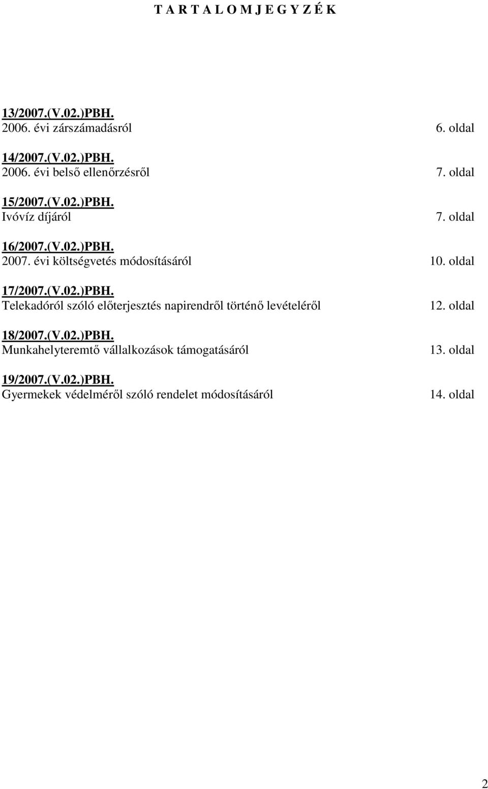 (V.02.)PBH. Telekadóról szóló elıterjesztés napirendrıl történı levételérıl 18/2007.(V.02.)PBH. Munkahelyteremtı vállalkozások támogatásáról 19/2007.