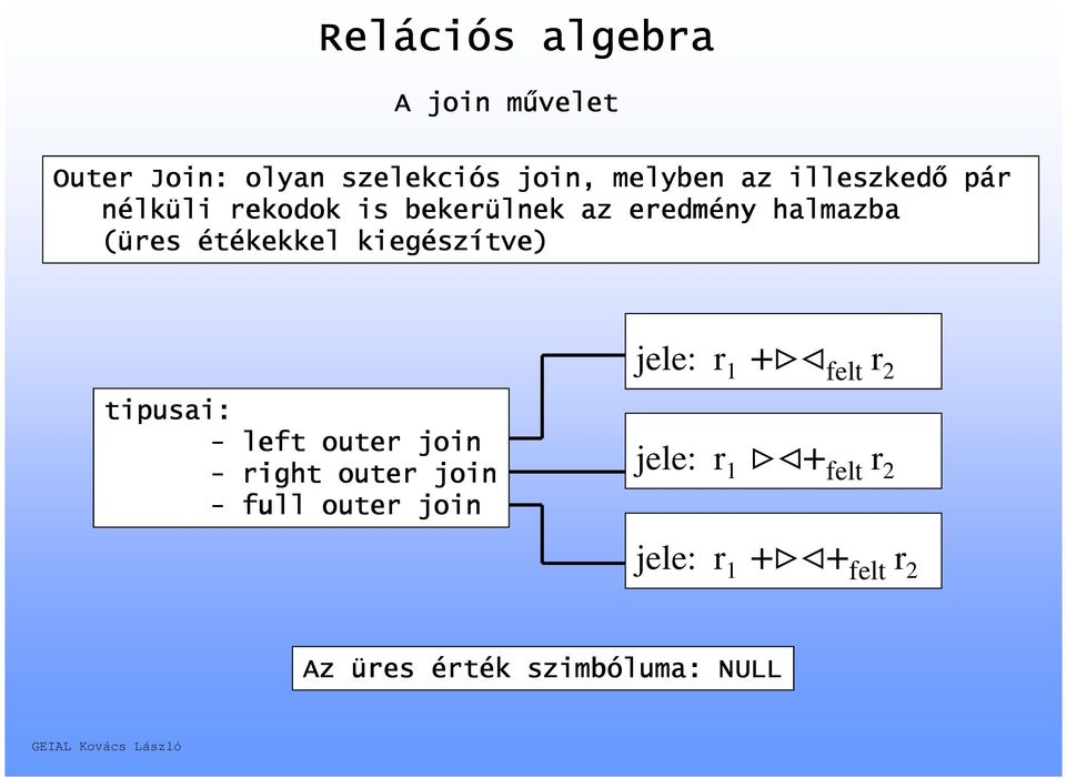 tipusai: - left outer join - right outer join - full outer join jele: r 1 +><