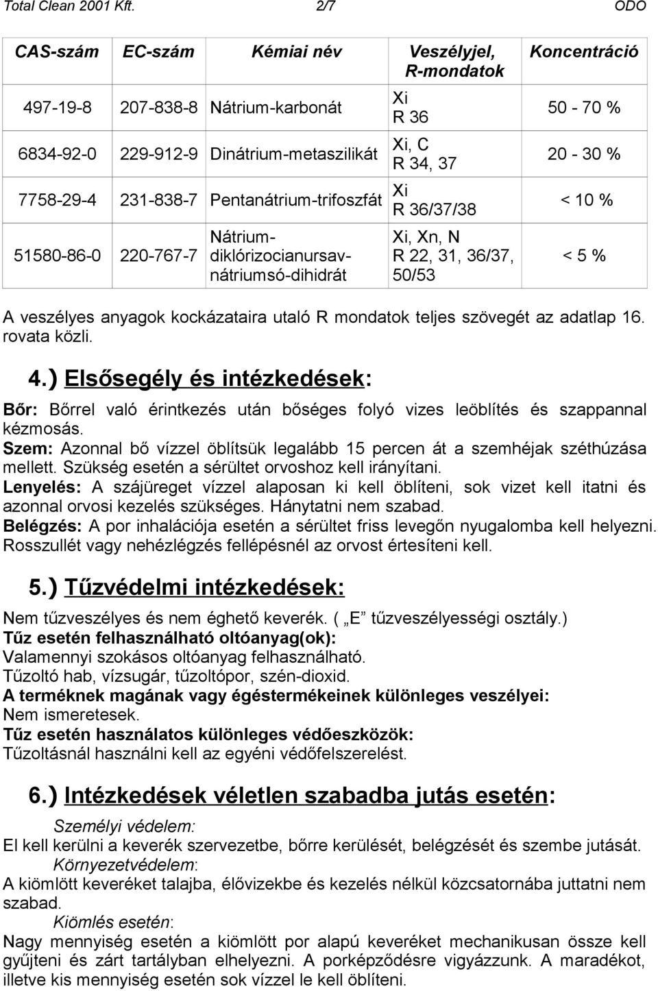 220-767-7 Nátriumdiklórizocianursavnátriumsó-dihidrát Xi R 36 Xi, C R 34, 37 Xi R 36/37/38 Xi, Xn, N R 22, 31, 36/37, 50/53 Koncentráció 50-70 % 20-30 % < 10 % < 5 % A veszélyes anyagok kockázataira