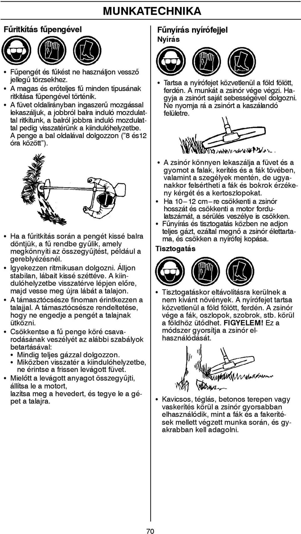 A penge a bal oldalával dolgozzon ( 8 és12 óra között ). S Haafűritkítás során a pengét kissé balra döntjük, a fű rendbe gyűlik, amely megkönnyíti az összegyűjtést, például a gereblyézésnél.