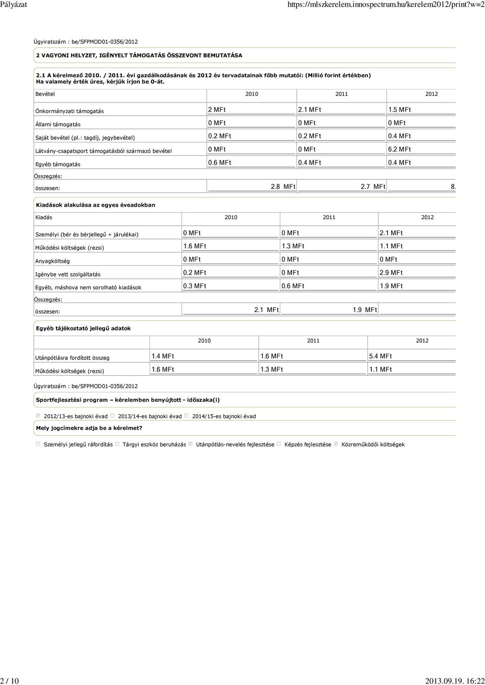 Bevétel 2010 2011 2012 Önkormányzati támogatás Állami támogatás Saját bevétel (pl.: tagdíj, jegybevétel) Látvány-csapatsport támogatásból származó bevétel Egyéb támogatás 2 MFt 2.1 MFt 1.