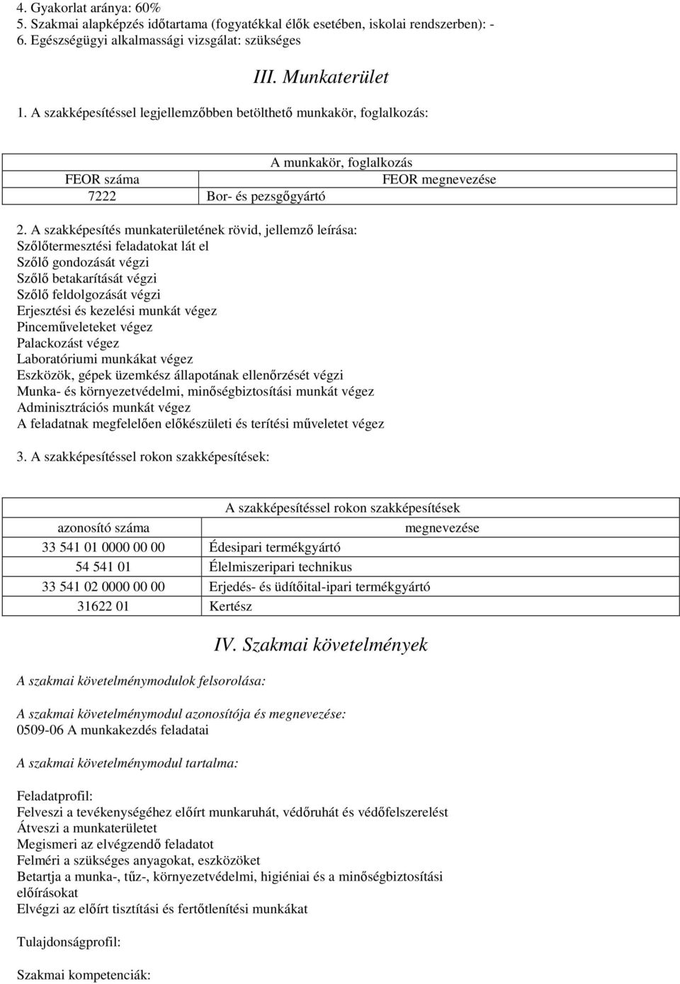 A szakképesítés munkaterületének rövid, jellemző leírása: Szőlőtermesztési feladatokat lát el Szőlő gondozását végzi Szőlő betakarítását végzi Szőlő feldolgozását végzi Erjesztési és kezelési munkát