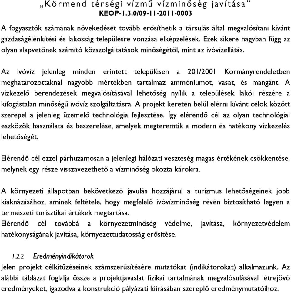 Az ivóvíz jelenleg minden érintett településen a 201/2001 Kormányrendeletben meghatározottaknál nagyobb mértékben tartalmaz ammóniumot, vasat, és mangánt.