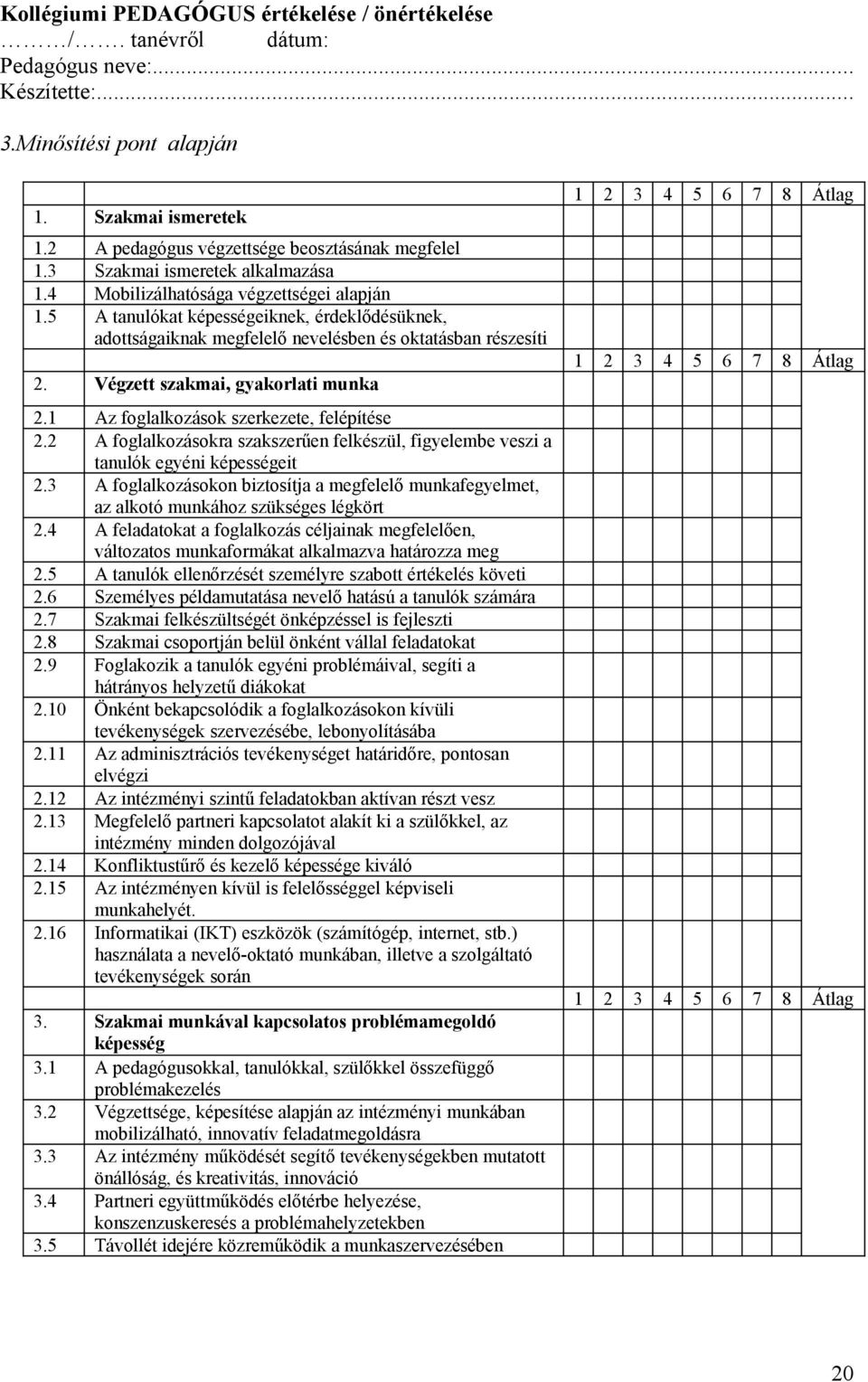 Végzett szakmai, gyakorlati munka 2.1 Az foglalkozások szerkezete, felépítése 2.2 A foglalkozásokra szakszerűen felkészül, figyelembe veszi a tanulók egyéni képességeit 2.