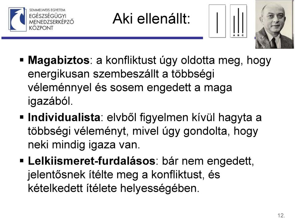 Individualista: elvből figyelmen kívül hagyta a többségi véleményt, mivel úgy gondolta, hogy