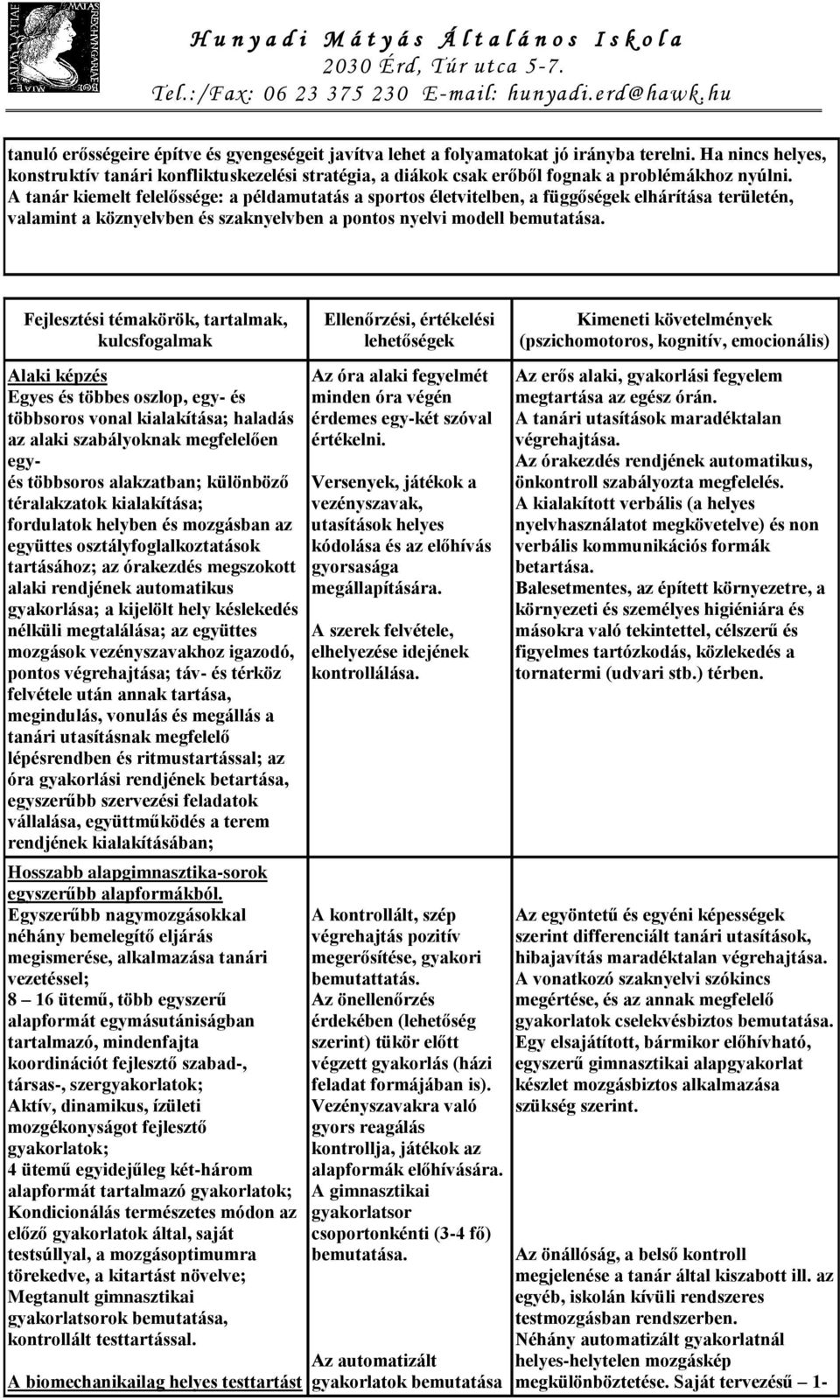 A tanár kiemelt felelőssége: a példamutatás a sportos életvitelben, a függőségek elhárítása területén, valamint a köznyelvben és szaknyelvben a pontos nyelvi modell bemutatása.