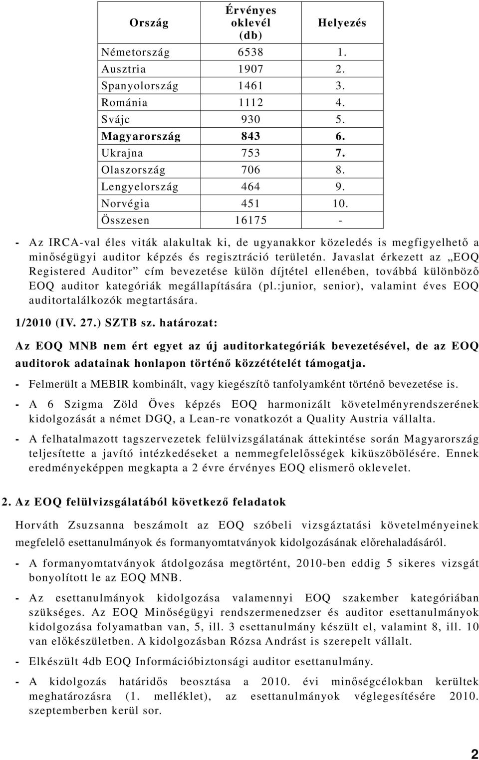 Javaslat érkezett az EOQ Registered Auditor cím bevezetése külön díjtétel ellenében, továbbá különböző EOQ auditor kategóriák megállapítására (pl.