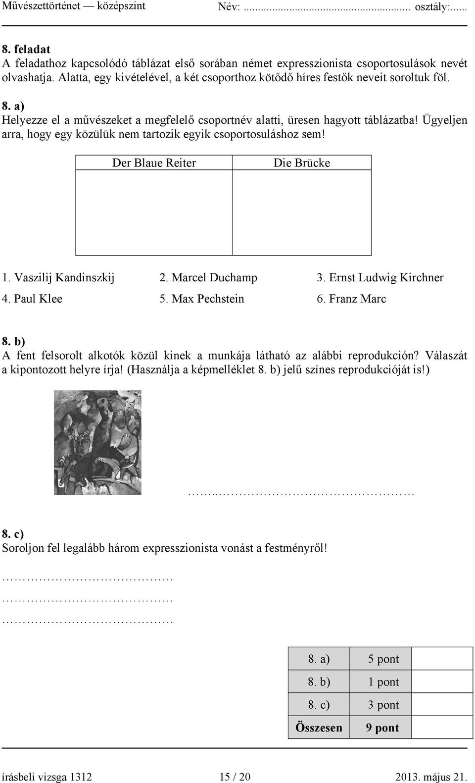 Vaszilij Kandinszkij 2. Marcel Duchamp 3. Ernst Ludwig Kirchner 4. Paul Klee 5. Max Pechstein 6. Franz Marc 8. b) A fent felsorolt alkotók közül kinek a munkája látható az alábbi reprodukción?