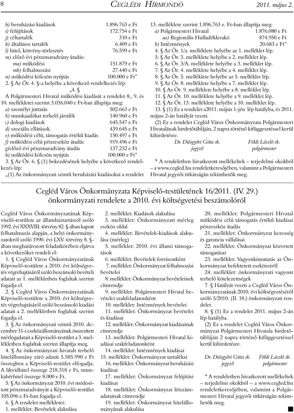 A Polgármesteri Hivatal működési kiadását a rendelet 8., 9. és 10. mellékletei szerint 3.036.040 e Ft-ban állapítja meg: a) személyi juttatás 502.663 e Ft b) munkaadókat terhelő járulék 140.