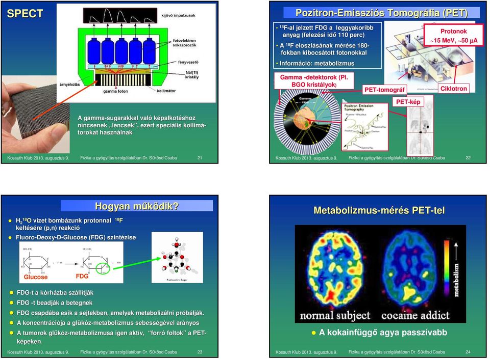 BGO kristályok lyok) PET-tomogr tomográf PET-kép Ciklotron A gamma-sugarakkal való képalkotáshoz nincsenek lencsék,, ezért speciális kollimá- torokat használnak 21 22 H 18 2 O vizet bombázunk