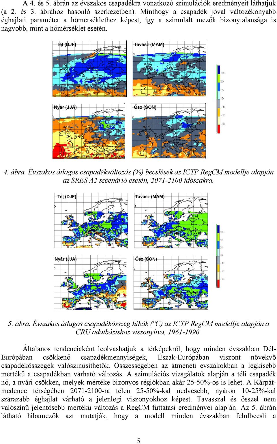 Tél (DJF) Tavasz (MAM) Nyár (JJA) Ősz (SON) 4. ábra. Évszakos átlagos csapadékváltozás (%) becslések az ICTP RegCM modellje alapján az SRES A2 szcenárió esetén, 2071-2100 időszakra.