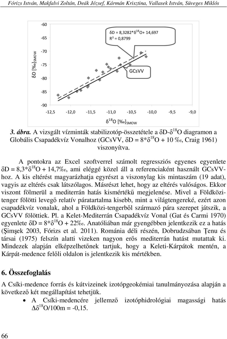 A pontokra az Excel szoftverrel számolt regressziós egyenes egyenlete δd = 8,3*δ 18 O + 14,7, ami eléggé közel áll a referenciaként használt GCsVVhoz.