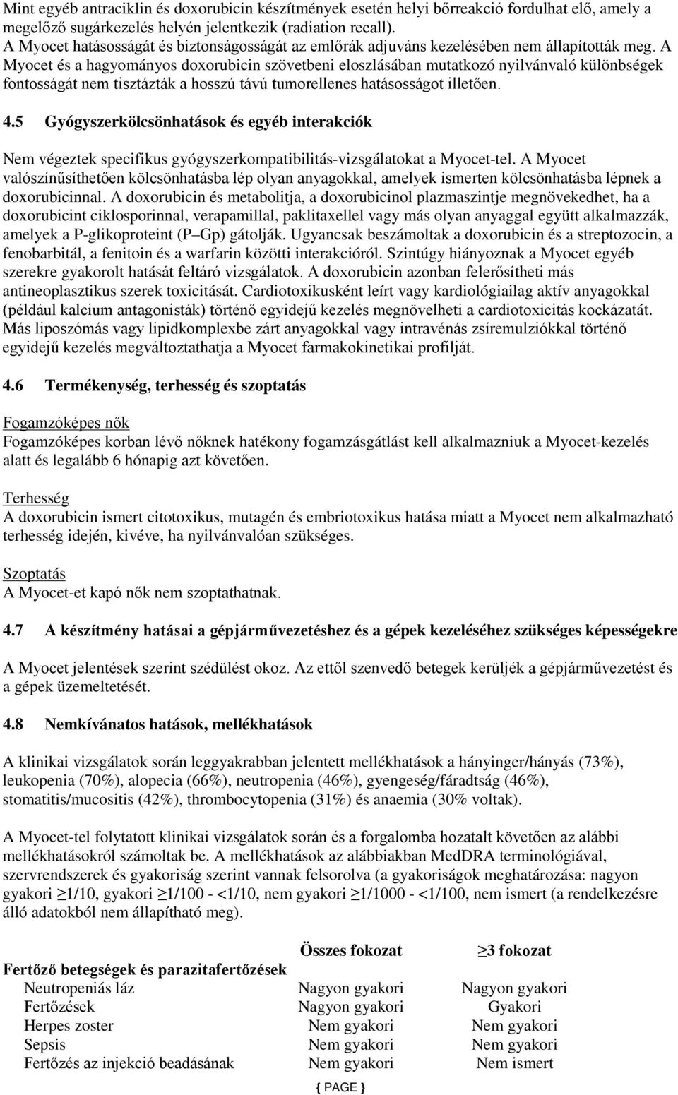 A Myocet és a hagyományos doxorubicin szövetbeni eloszlásában mutatkozó nyilvánvaló különbségek fontosságát nem tisztázták a hosszú távú tumorellenes hatásosságot illetően. 4.