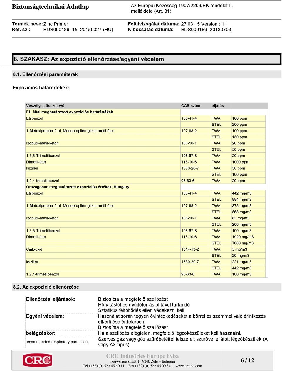 Monopropilén-glikol-metil-éter 107-98-2 TWA 100 ppm STEL 150 ppm Izobutil-metil-keton 108-10-1 TWA 20 ppm STEL 50 ppm 1,3,5-Trimetilbenzol 108-67-8 TWA 20 ppm Dimetil-éter 115-10-6 TWA 1000 ppm