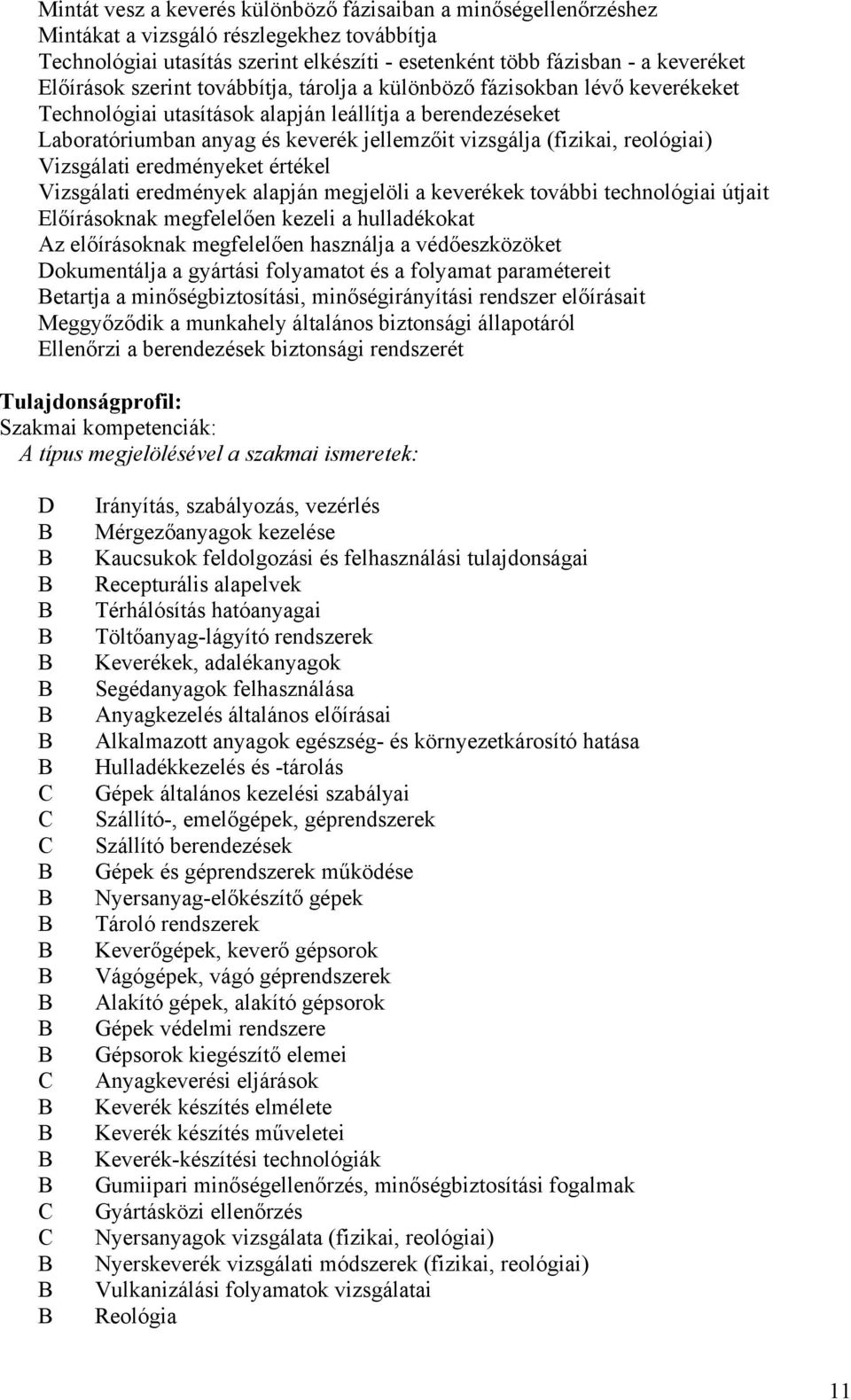 (fizikai, reológiai) Vizsgálati eredményeket értékel Vizsgálati eredmények alapján megjelöli a keverékek további technológiai útjait Előírásoknak megfelelően kezeli a hulladékokat Az előírásoknak