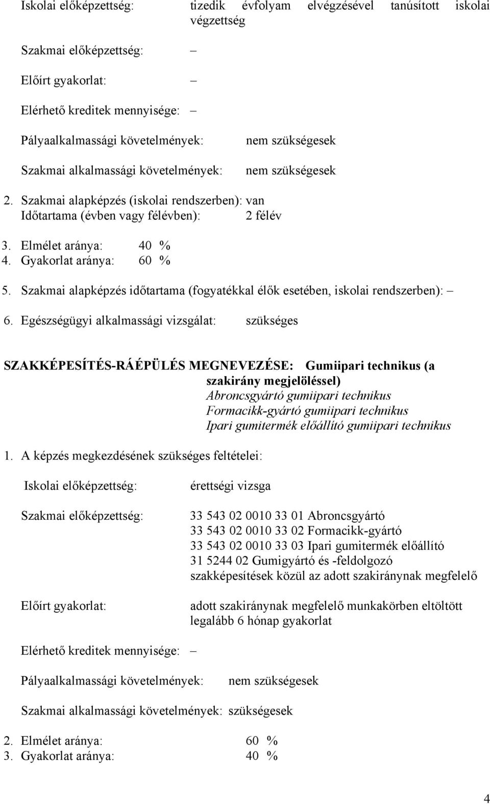 Gyakorlat aránya: 60 % 5. Szakmai alapképzés időtartama (fogyatékkal élők esetében, iskolai rendszerben): 6.