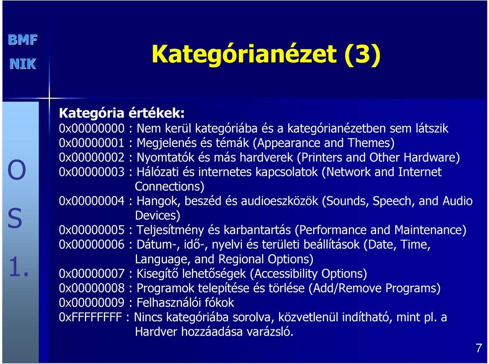 Devices) 0x00000005 : Teljesítmény és karbantartás (Performance and Maintenance) 0x00000006 : Dátum-, idı-, nyelvi és területi beállítások (Date, Time, Language, and Regional ptions) 0x00000007 :