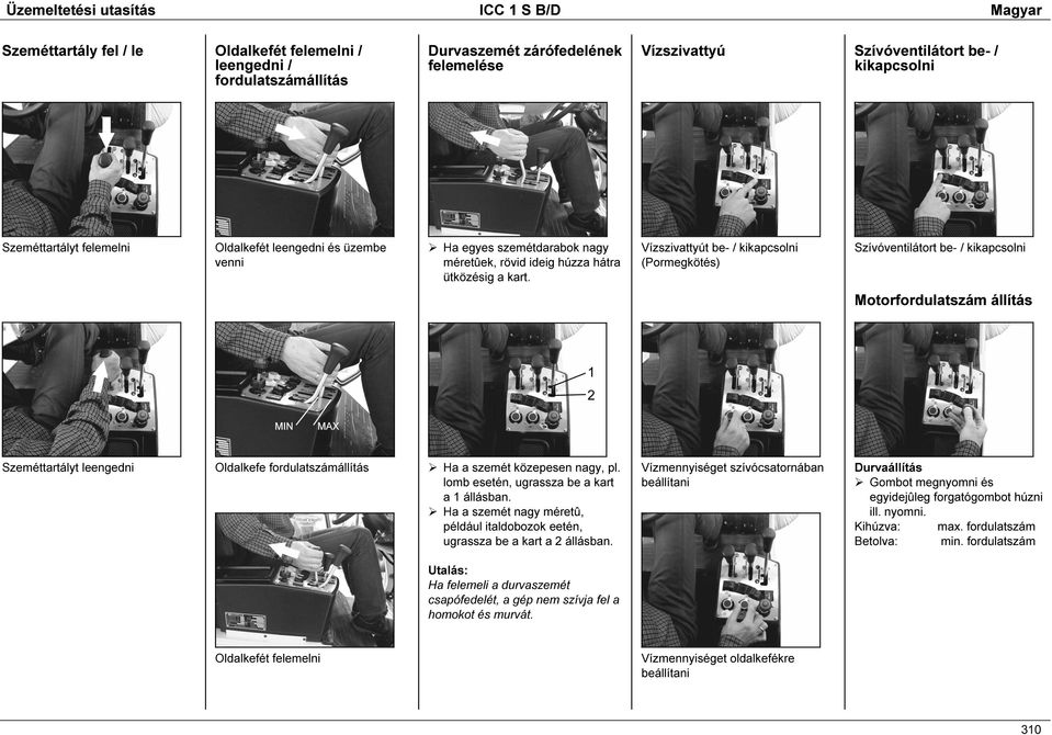 Vízszivattyút be- / kikapcsolni (Pormegkötés) Szívóventilátort be- / kikapcsolni Motorfordulatszám állítás Szeméttartályt leengedni Oldalkefe fordulatszámállítás Ha a szemét közepesen nagy, pl.