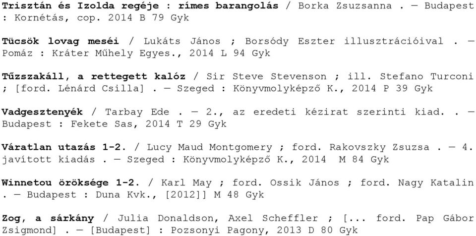 . Budapest : Fekete Sas, 2014 T 29 Váratlan utazás 1-2. / Lucy Maud Montgomery ; ford. Rakovszky Zsuzsa. 4. javított kiadás. Szeged : Könyvmolyképző K., 2014 M 84 Winnetou öröksége 1-2.