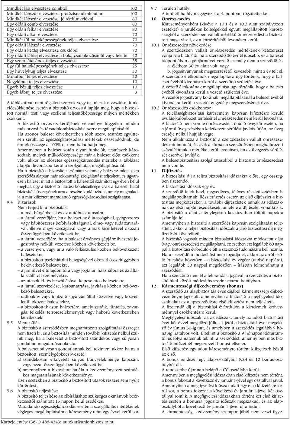 csatlakozásánál vagy felette 40 Egy szem látásának teljes elvesztése 35 Egy fül hallóképességének teljes elvesztése 25 Egy hüvelykujj teljes elvesztése 30 Mutatóujj teljes elvesztése 20 Nagylábujj