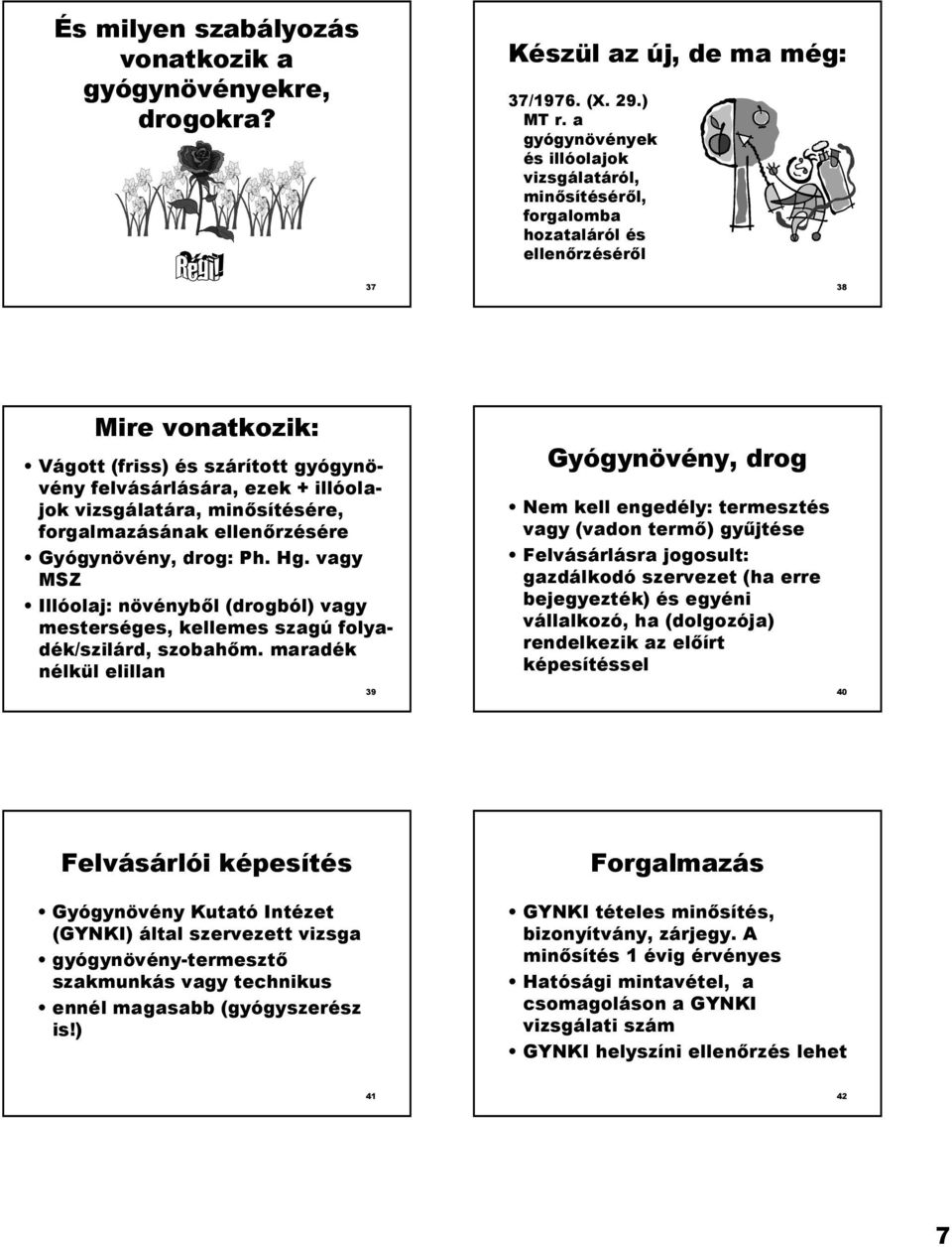 vizsgálatára, min+sítésére, forgalmazásának ellen+rzésére Gyógynövény, drog: Ph. Hg. vagy MSZ Illóolaj: növényb+l (drogból) vagy mesterséges, kellemes szagú folyadék/szilárd, szobah+m.