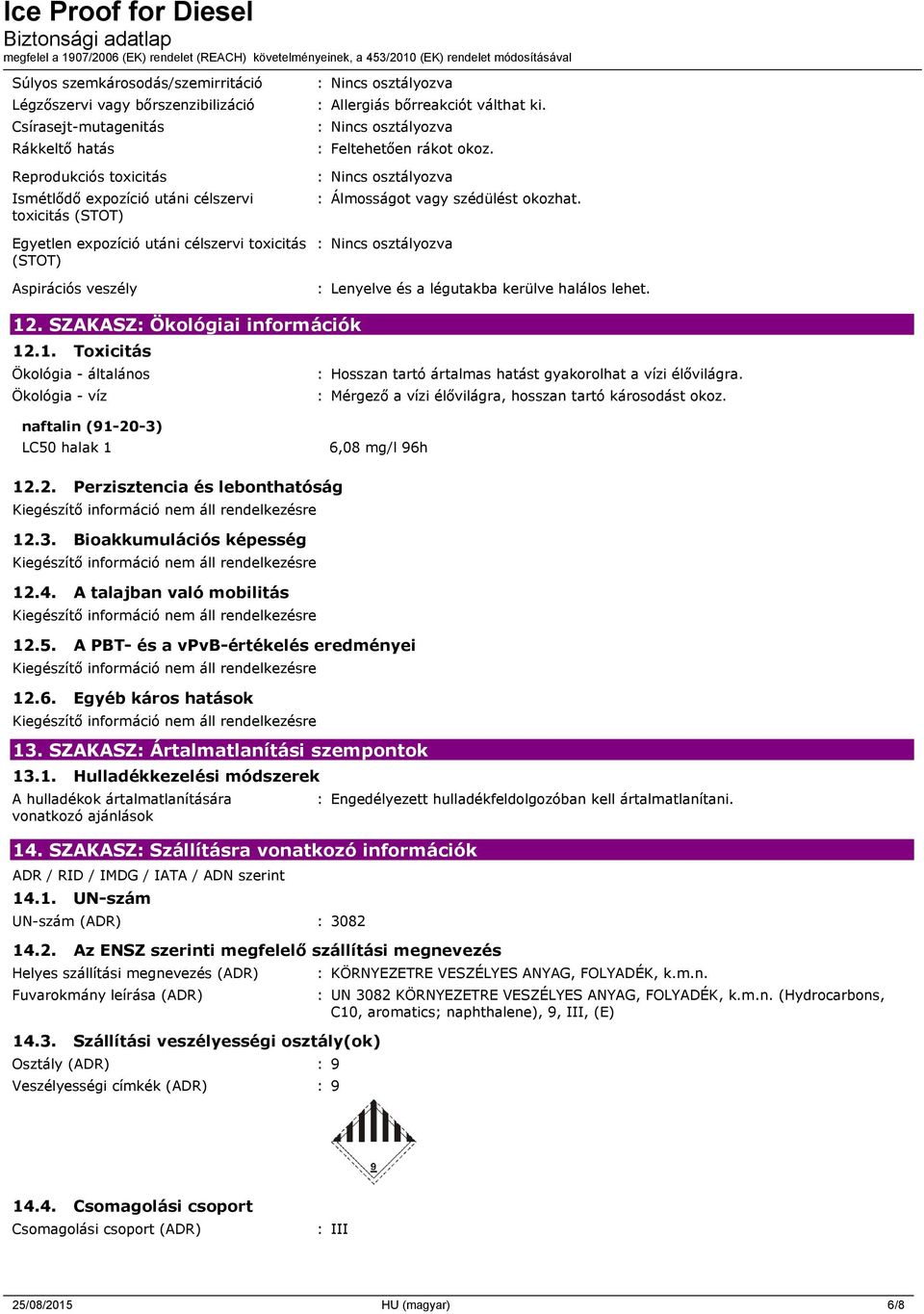 : Lenyelve és a légutakba kerülve halálos lehet. 12. SZAKASZ: Ökológiai információk 12.1. Toxicitás Ökológia - általános : Hosszan tartó ártalmas hatást gyakorolhat a vízi élővilágra.