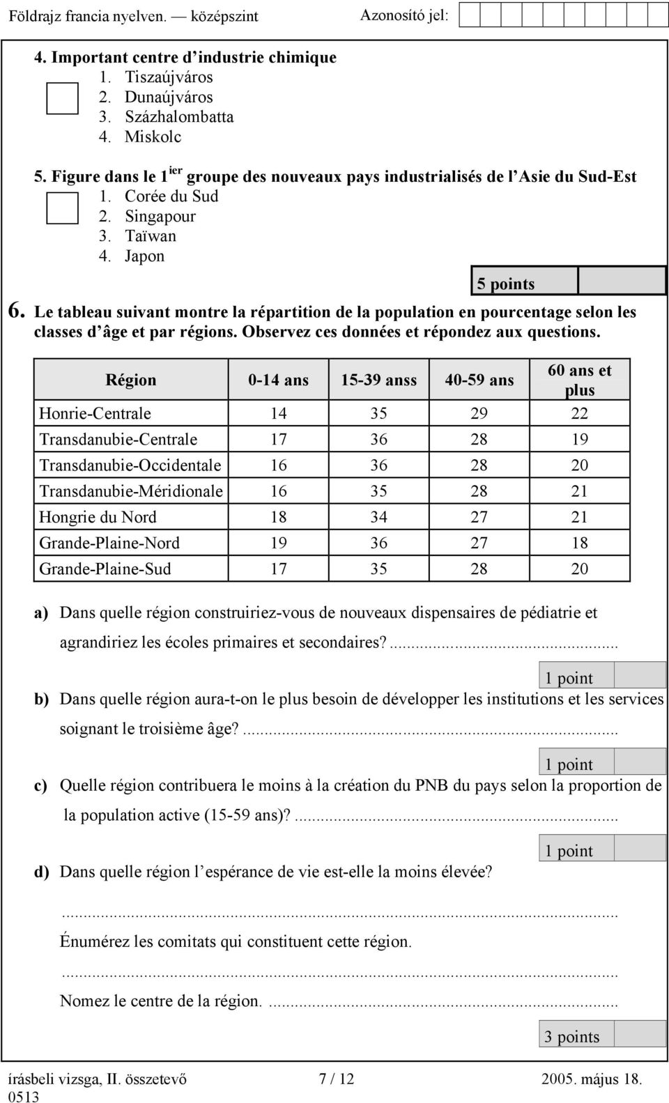 Le tableau suivant montre la répartition de la population en pourcentage selon les classes d âge et par régions. Observez ces données et répondez aux questions.